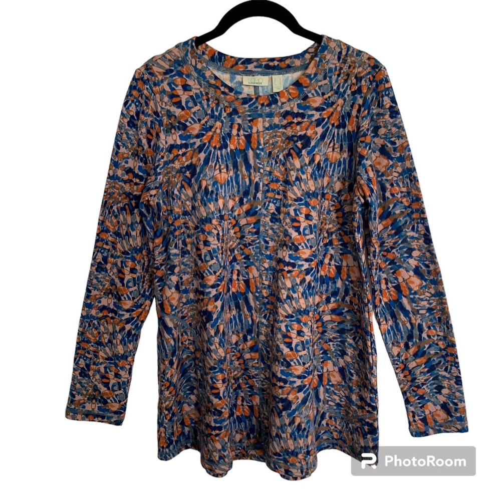 LOGO LOUNGE NEW Size S Long Sleeve Blue Rust Mauve Pink Abstract Pattern Top